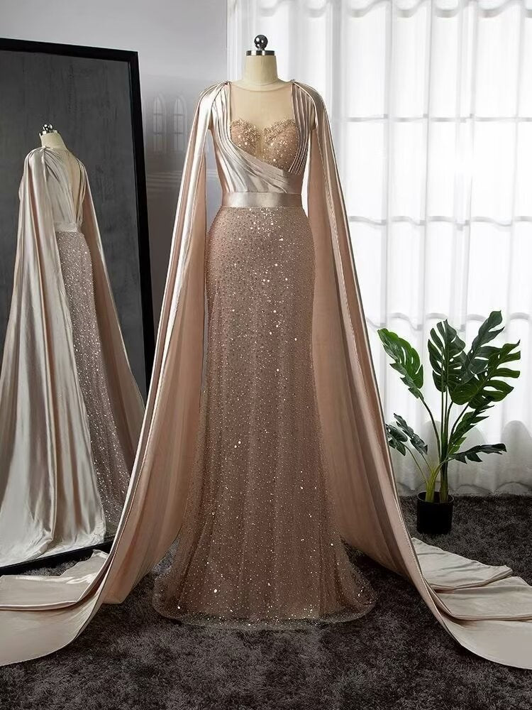 Elegant Pink Beaded Mermaid Evening Gown with Detachable Cape Sleeves