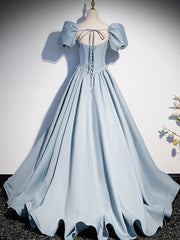 Light Blue Satin Long Prom Dress for Sweet 16 Occasions