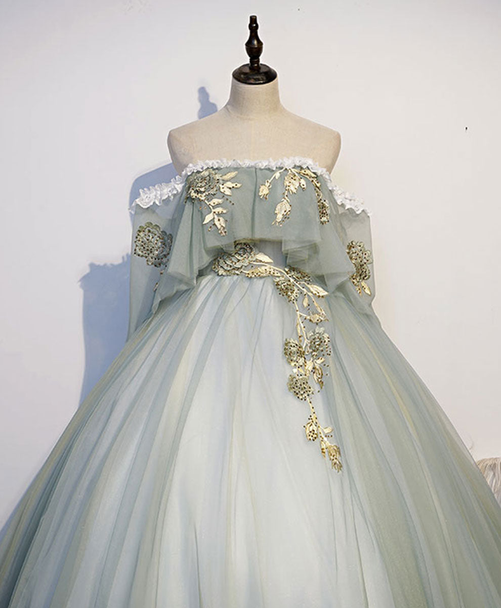 Green Tulle Lace Long Prom Dress Sweetheart Neckline Floor Length Gown