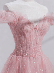 Elegant Pink Off Shoulder Tulle Prom Dress Tea Length Formal Gown
