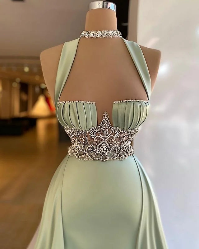 Elegant Halter Green Beaded A-Line Mermaid Prom Dress for Special Occasions