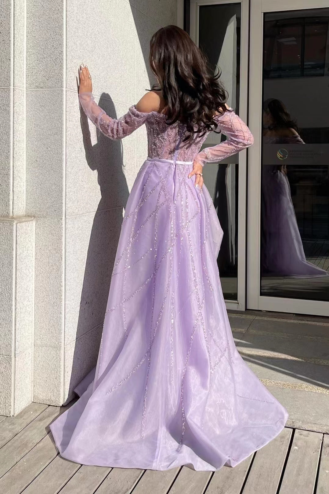 Lilac Off-the-Shoulder Long Sleeve Tulle Mermaid Prom Dress with Beads Lilac Off-the-Shoulder Long Sleeve Tulle Mermaid Prom Dress with Beads