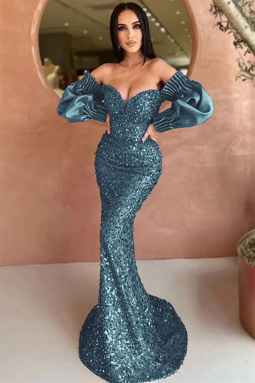 Elegant Off-Shoulder Mermaid Sweetheart Sequin Evening Dress with Long Sleeves