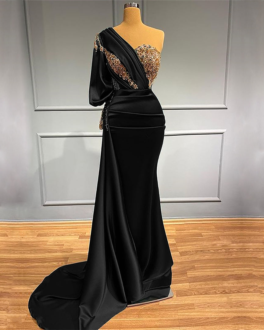Elegant Dark Green One-Shoulder Mermaid Prom Dress with Beaded Appliques