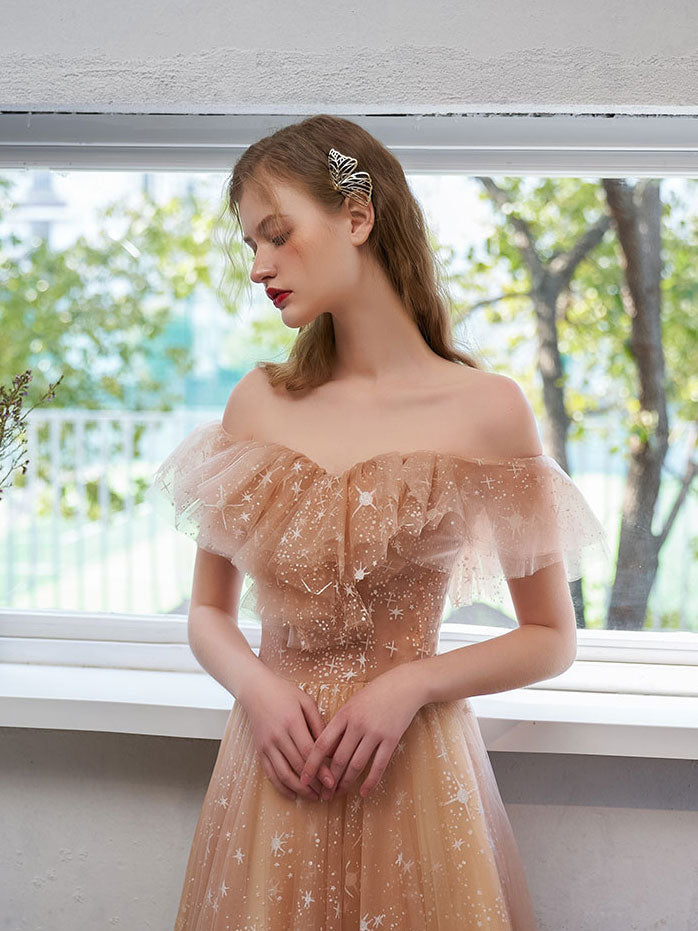 Elegant Off-Shoulder Tulle Lace Prom Dress with Built-In Bra, Champagne Silhouette Elegant Off-Shoulder Tulle Lace Prom Dress with Built-In Bra, Champagne Silhouette