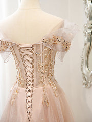 Champagne Tulle Lace A Line Long Prom Evening Dress