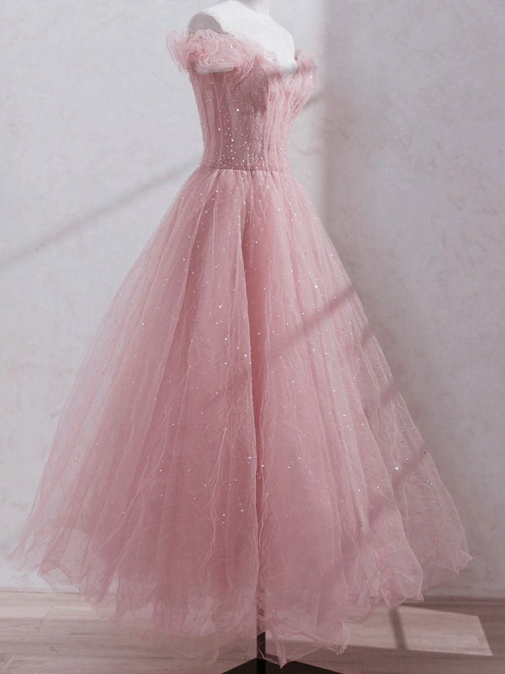 Elegant Pink Off Shoulder Tulle Prom Dress Tea Length Formal Gown