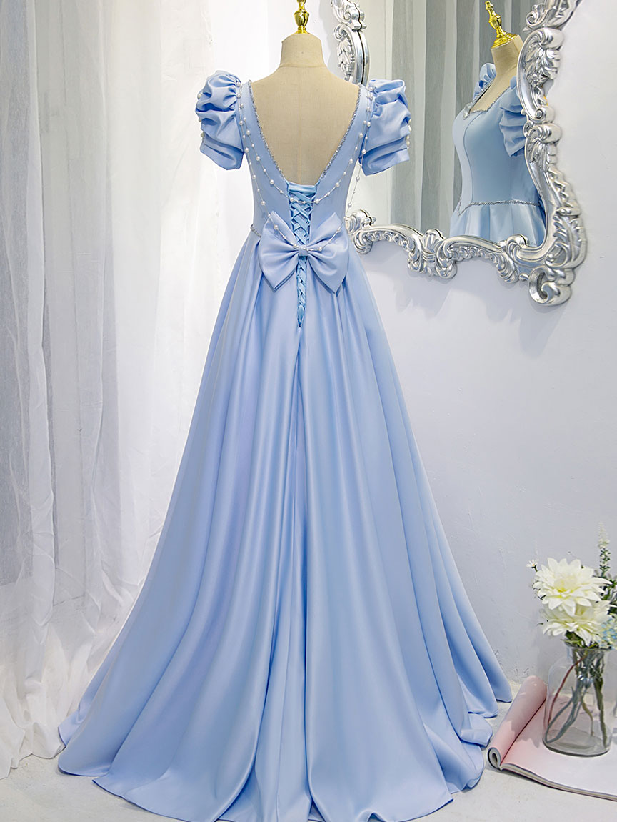 Elegant Glamorous Blue Satin Backless Long Prom Evening Dress