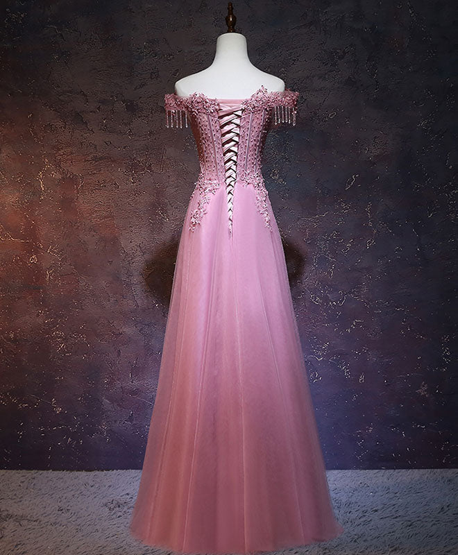 Burgundy Tulle Lace Off Shoulder Long Prom Dress Evening Gown