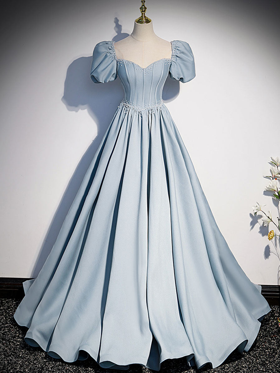 Light Blue Satin Long Prom Dress for Sweet 16 Occasions