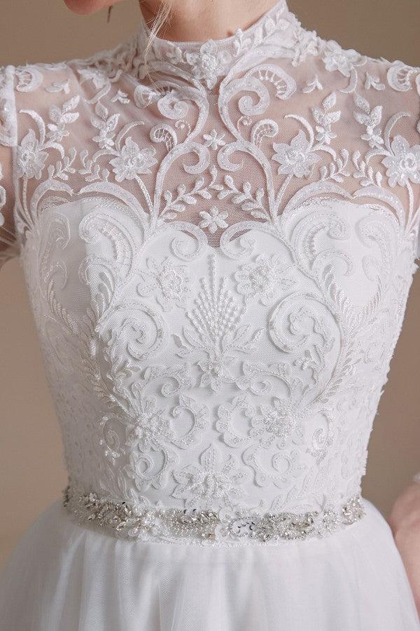 Elegant A-Line High Neck Long Sleeve Wedding Dress with Tulle Lace Design