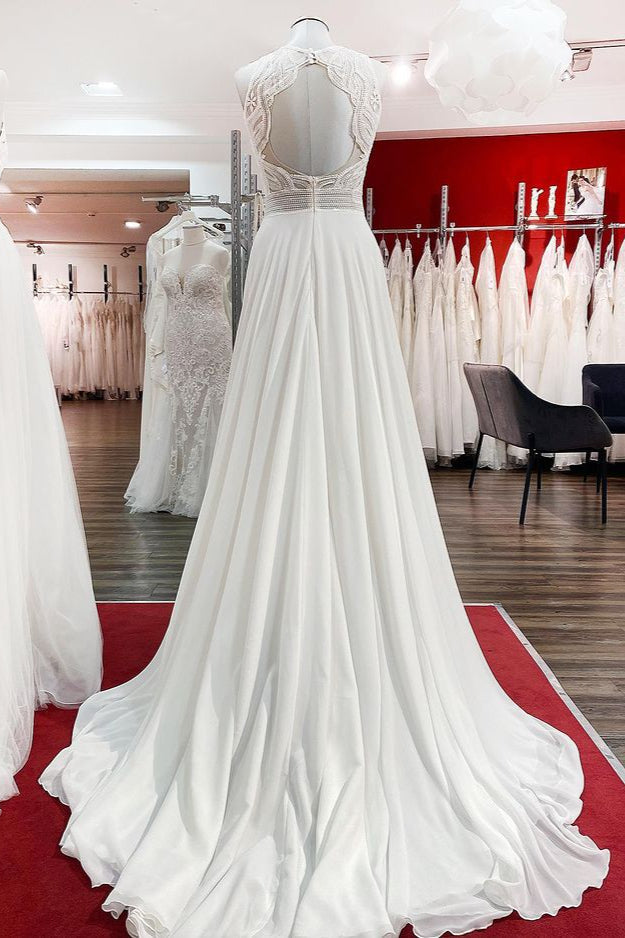 Long A-Line Satin Wedding Dress Jewel Open Back Ruffles Appliques