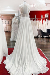 Long A-Line Satin Wedding Dress Jewel Open Back Ruffles Appliques