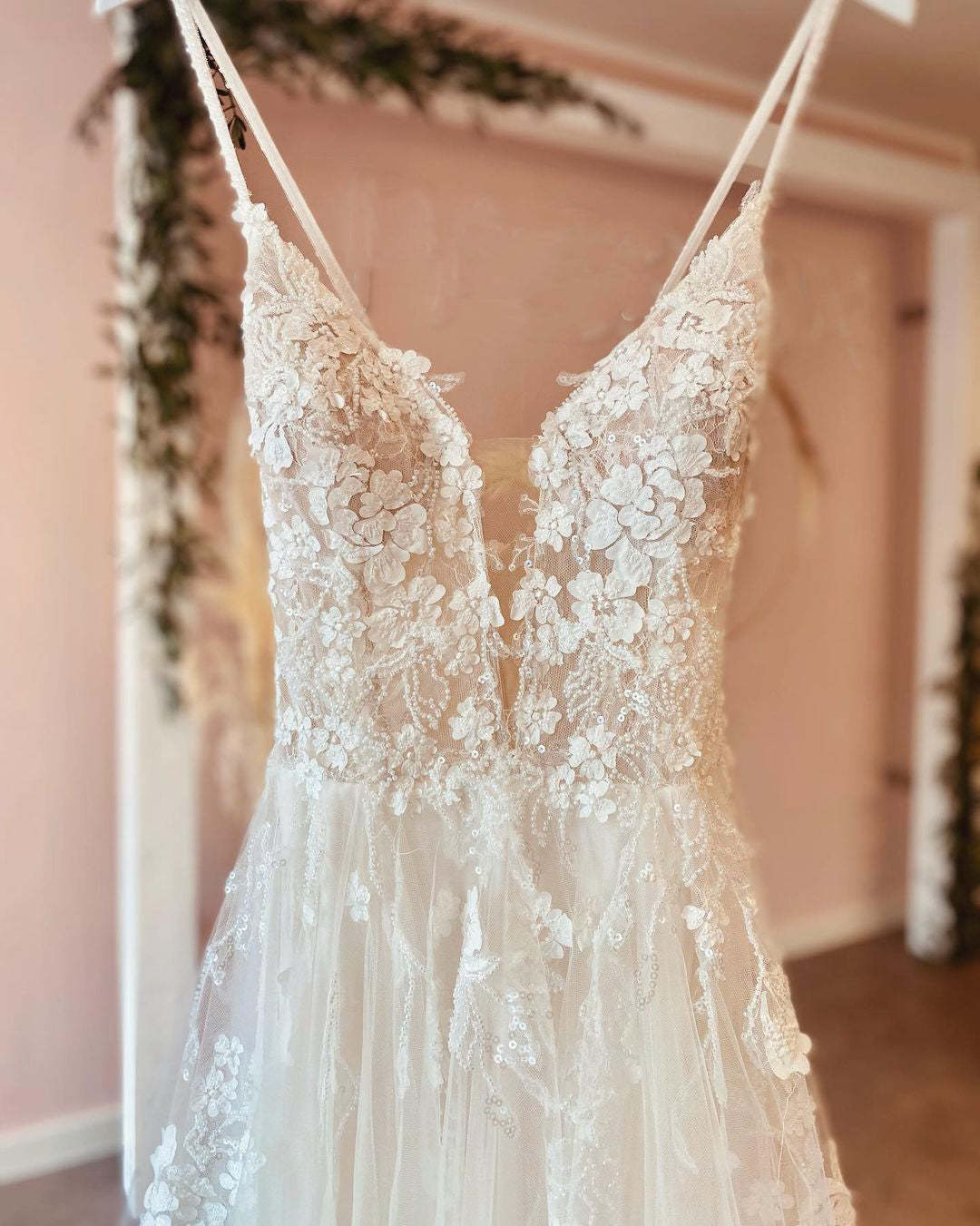 Lace Deep V-Neck Spaghetti Strap Backless A-Line Wedding Dress