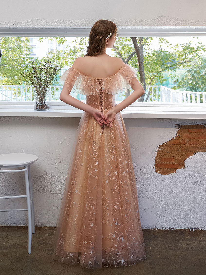 Elegant Off-Shoulder Tulle Lace Prom Dress with Built-In Bra, Champagne Silhouette