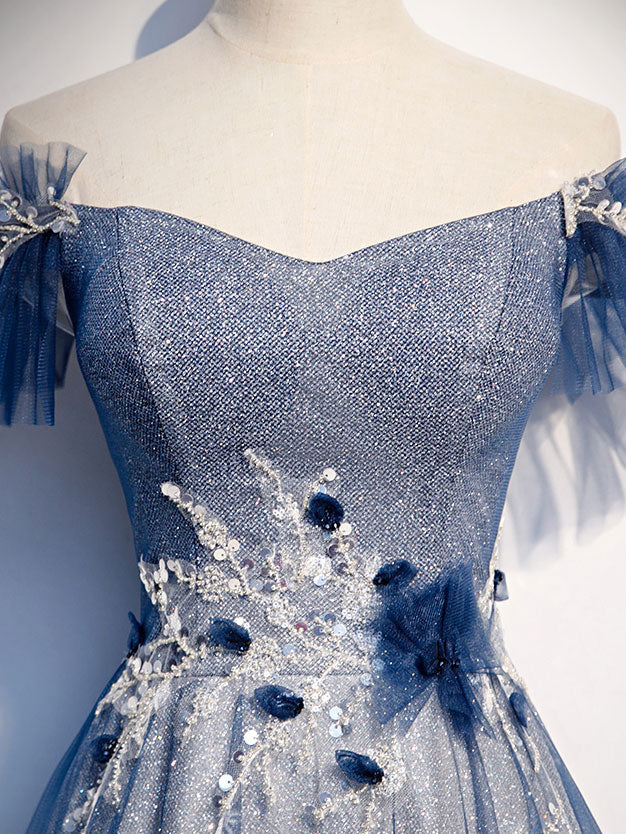 Blue Tulle Lace Long Prom Dress for Women Bridesmaids