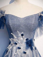 Blue Tulle Lace Long Prom Dress for Women Bridesmaids