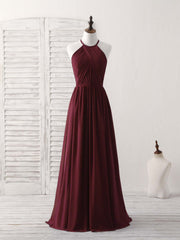 Elegant Burgundy Chiffon Long Prom Dress, Simple Evening Gown for Bridesmaids