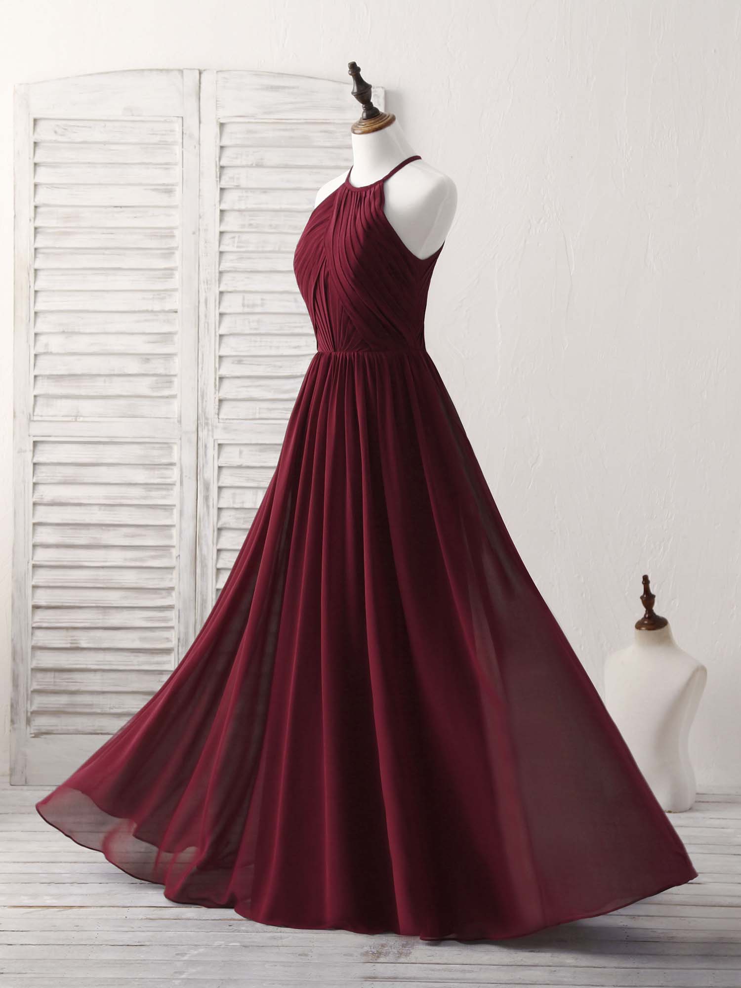 Elegant Burgundy Chiffon Long Prom Dress, Simple Evening Gown for Bridesmaids