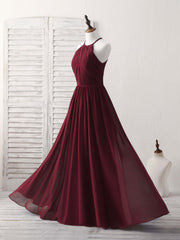 Elegant Burgundy Chiffon Long Prom Dress, Simple Evening Gown for Bridesmaids
