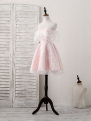 Elegant Pink Tulle Sweetheart Lace Short Prom Dress for Homecoming and Parties