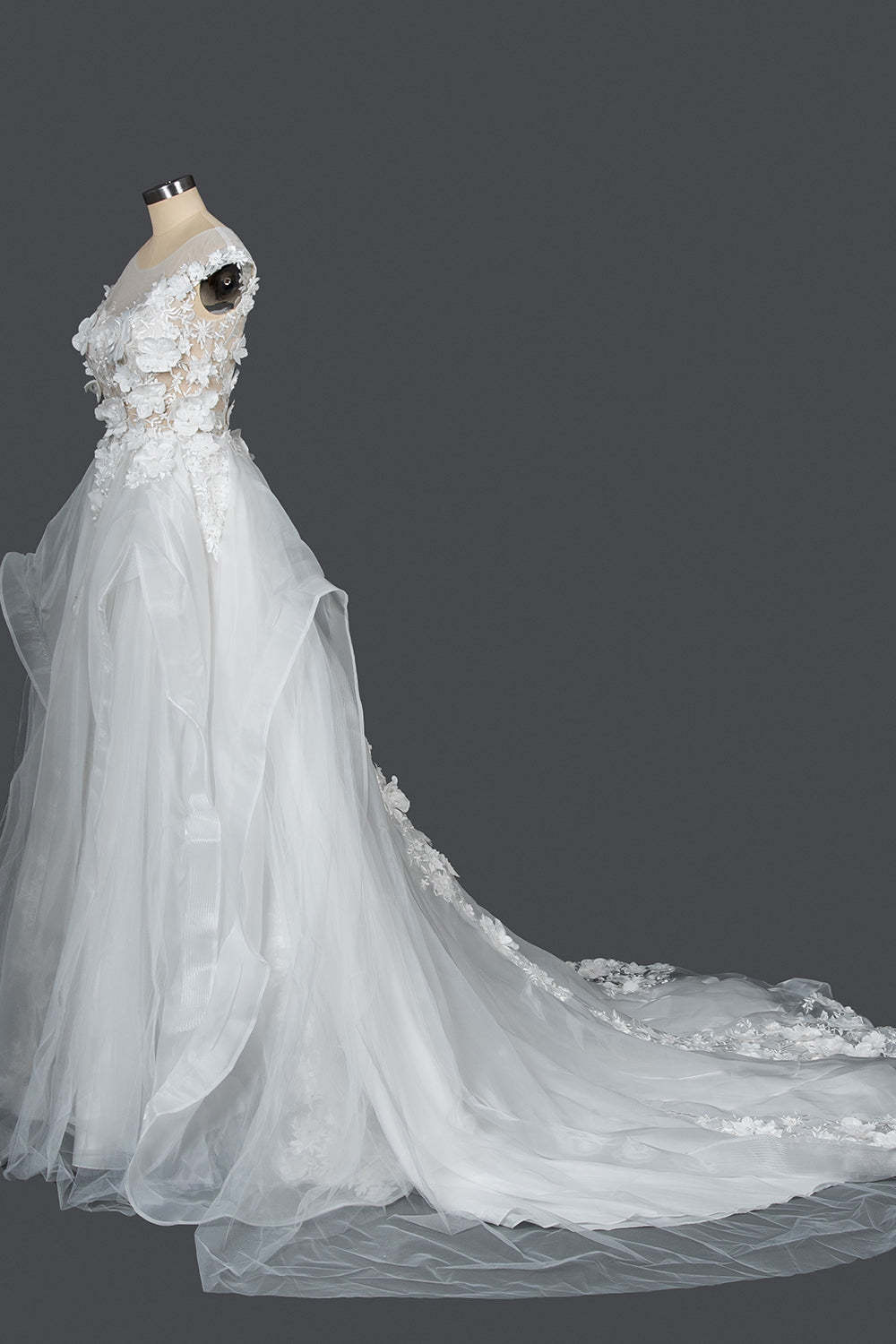 Cap Sleeve Jewel Neck Ball Gown Wedding Dress Floral Appliques