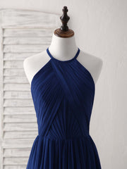 Elegant Dark Blue Chiffon Long Prom Bridesmaid Dress - Simple & Flowy Design
