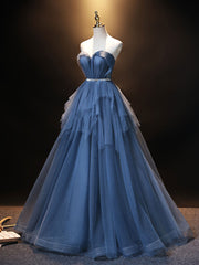 Elegant Blue Sweetheart Neck Tulle Long Prom Evening Dress Floor-Length Glamorous