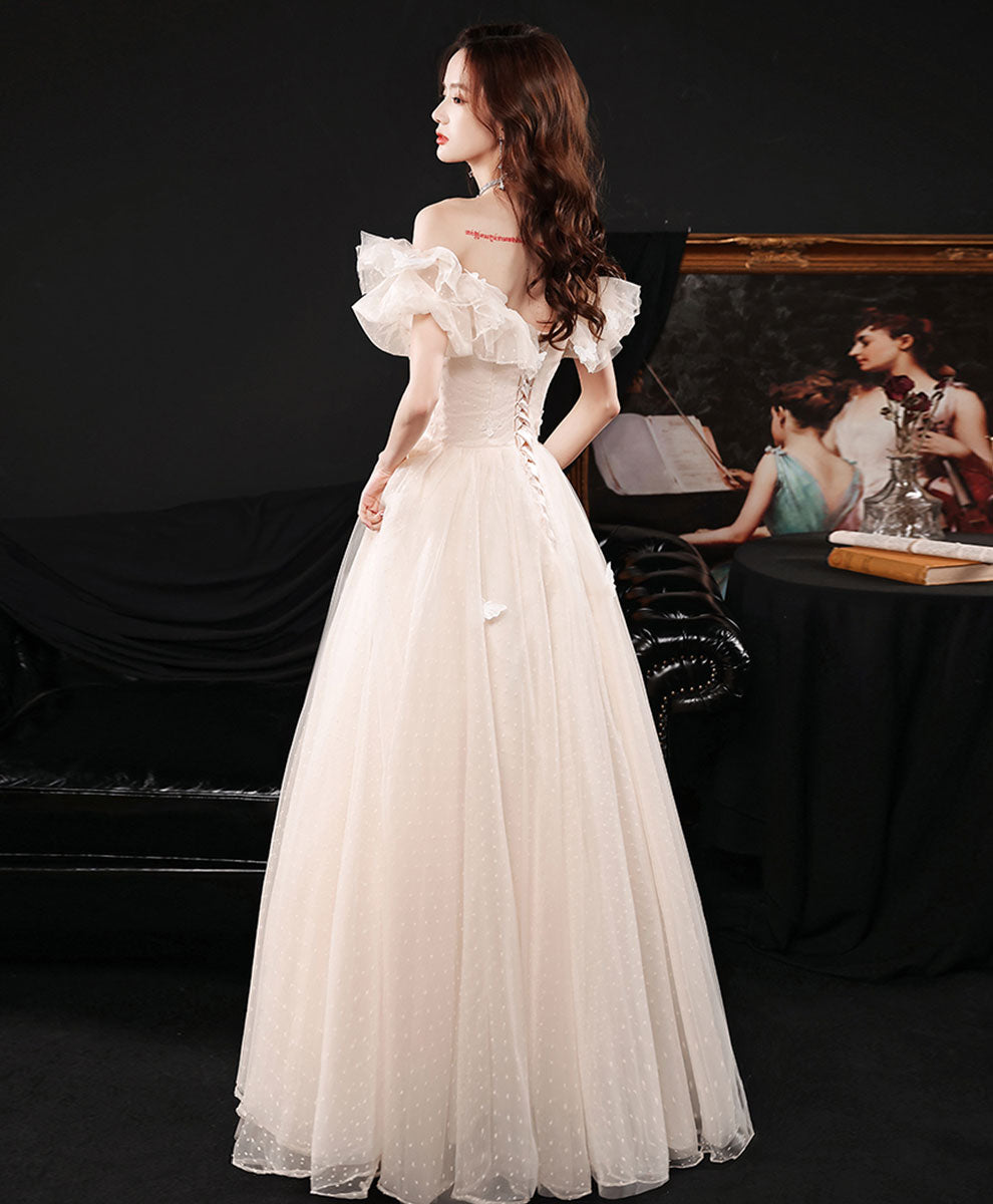 Elegant Champagne Tulle Lace Off Shoulder Long Prom Formal Dress