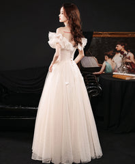 Elegant Champagne Tulle Lace Off Shoulder Long Prom Formal Dress