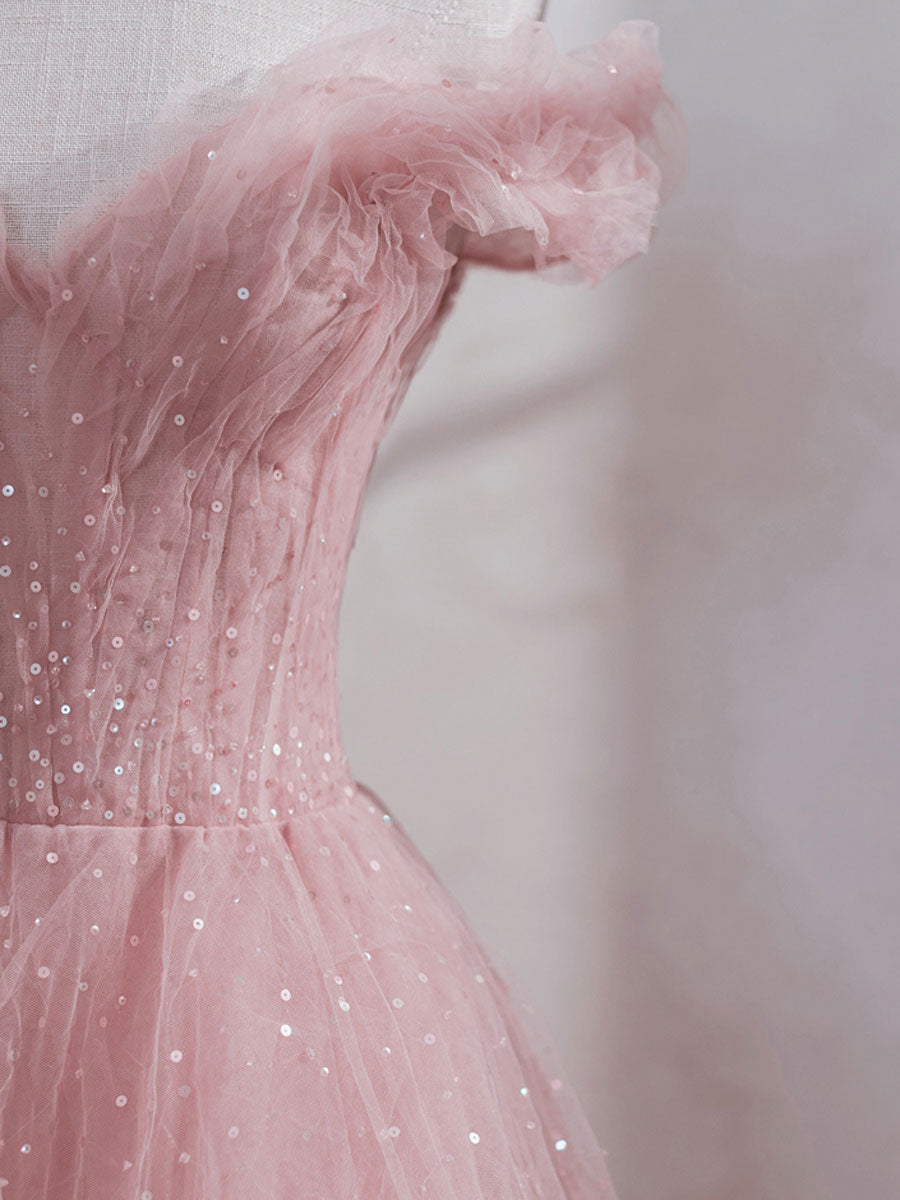 Elegant Pink Off Shoulder Tulle Prom Dress Tea Length Formal Gown