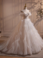 Elegant A-Line Off-Shoulder White Tulle Prom Dress: Perfect Sweet Sixteen Gown