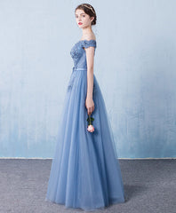 Blue Tulle Lace Off Shoulder Long Prom Bridesmaid Evening Dress