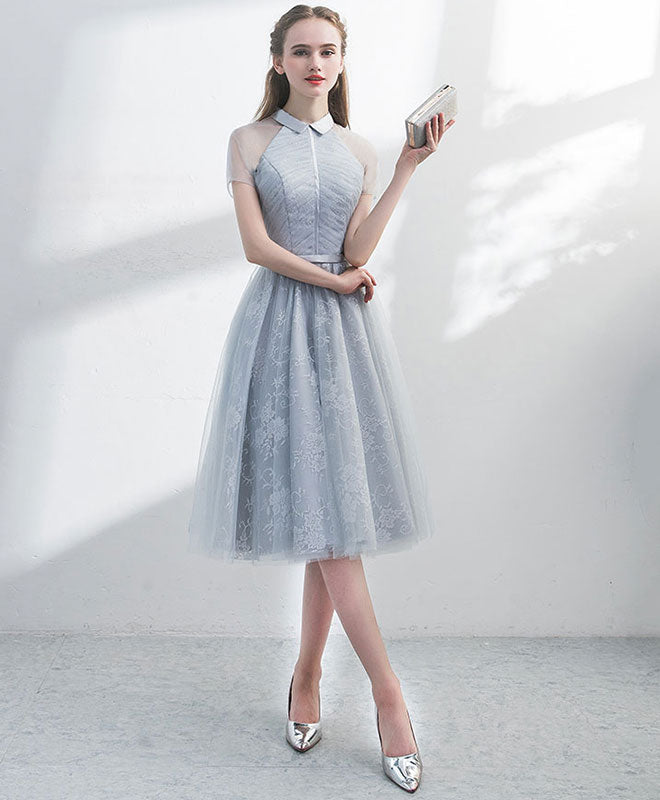 Unique Gray Tulle Lace Short Prom Dress Evening Gown