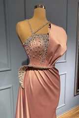 Pink Beaded Mermaid Prom Dress with Spaghetti Straps and Ruffles