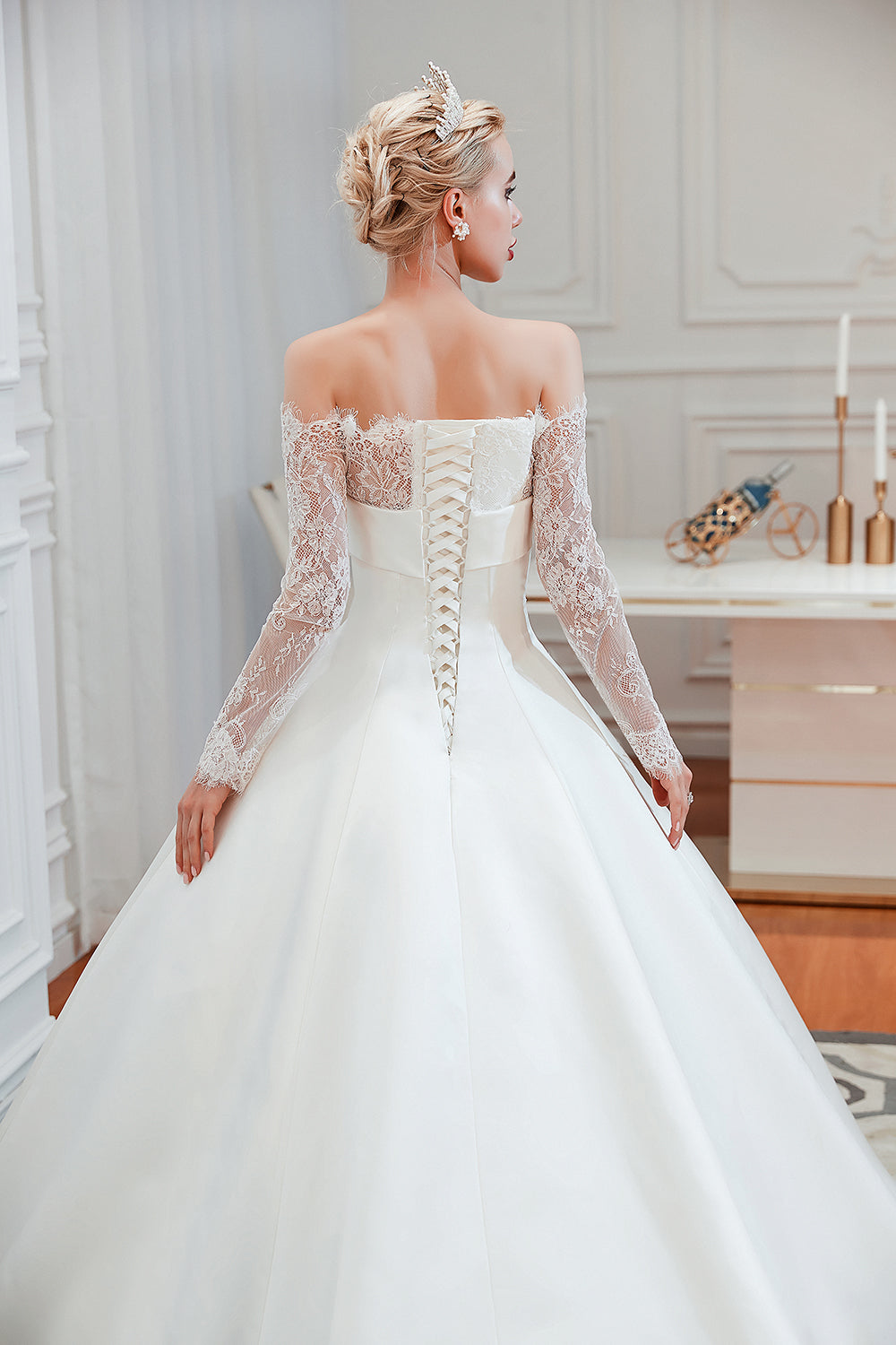 Elegant Off-Shoulder Long Sleeve A-Line Satin Wedding Gown with Delicate Lace