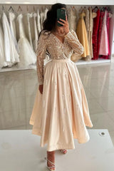 Chic Glitter Satin Ankle-Length Evening Dress with Long Sleeves & V-Neck