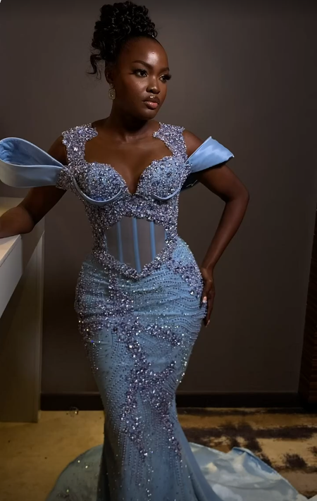 Sparkly Rhinestones Blue Mermaid Long Prom Evening Dress