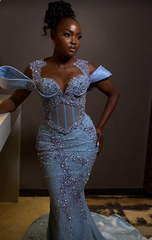 Sparkly Rhinestones Blue Mermaid Long Prom Evening Dress
