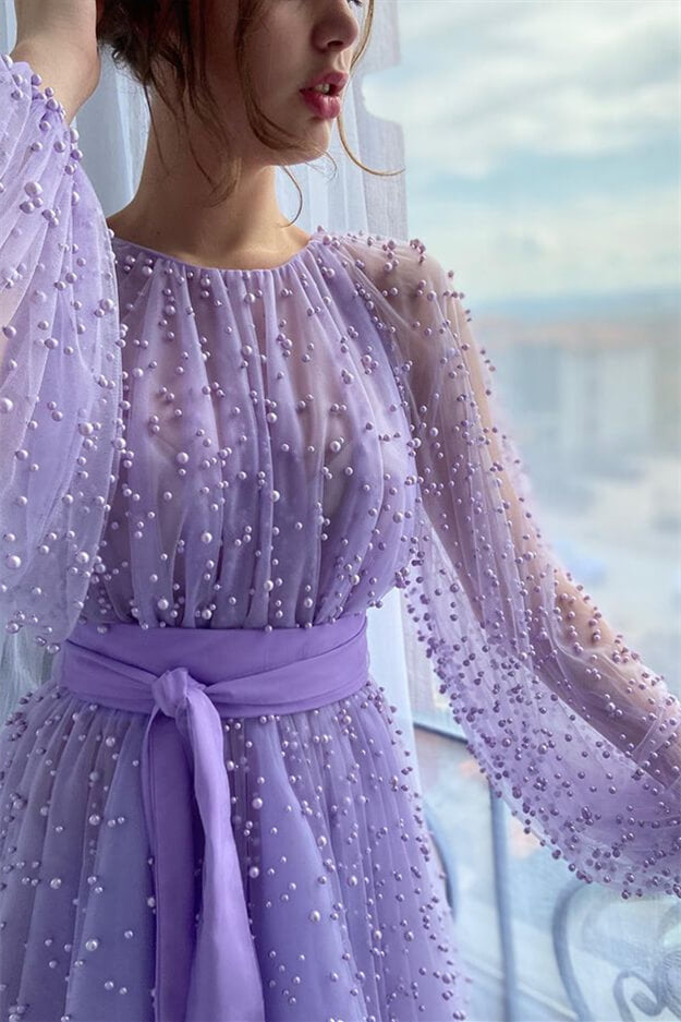 Elegant Lilac Pearl Mermaid Evening Gown with Beaded Jewel and Belt