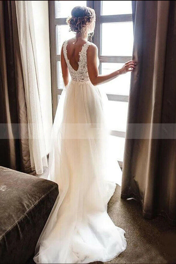 Elegant Strappy V-Neck A-Line Sleeveless Backless Wedding Dress with Lace Elegant Strappy V-Neck A-Line Sleeveless Backless Wedding Dress with Lace