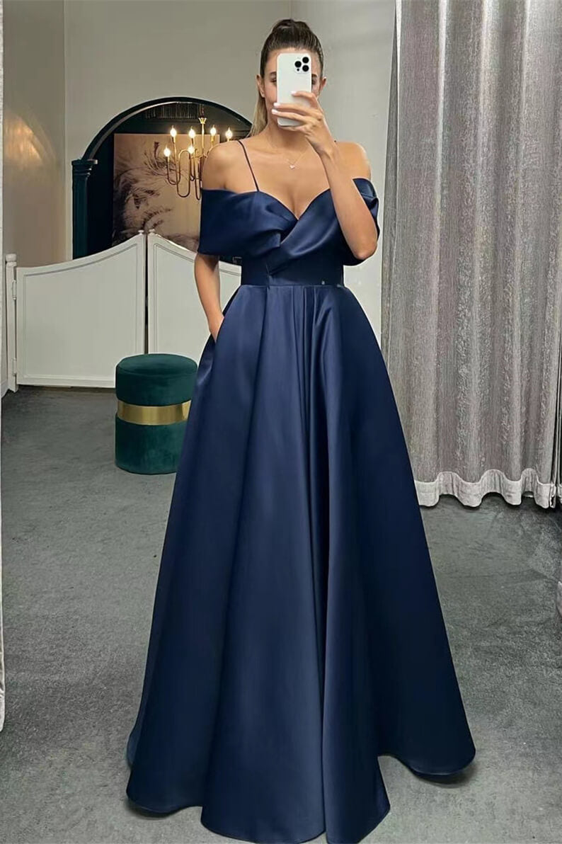 Spaghetti Strap Off-Shoulder A-Line Evening Dress with Lace-Up Back