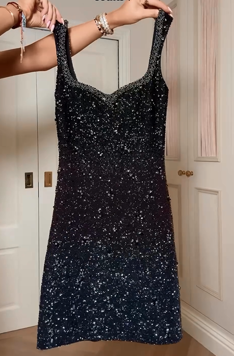 Sleek Black Sequin Spaghetti Strap Sleeveless Mini Prom Homecoming Dress