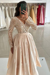 Chic Glitter Satin Ankle-Length Evening Dress with Long Sleeves & V-Neck