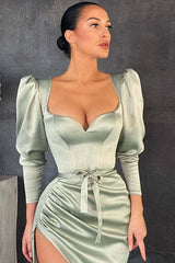 Elegant Dusty Sage Long Sleeve Prom Dress with Split and Bowknot Detail
