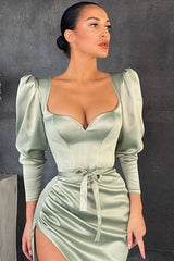Elegant Dusty Sage Long Sleeve Prom Dress with Split and Bowknot Detail