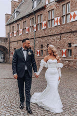 Sweetheart Mermaid Wedding Dress with Lace Bubble Sleeves and Train