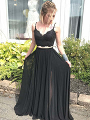 Black Lace V-Neck Two-Piece Prom Dress with Flowing Skirt