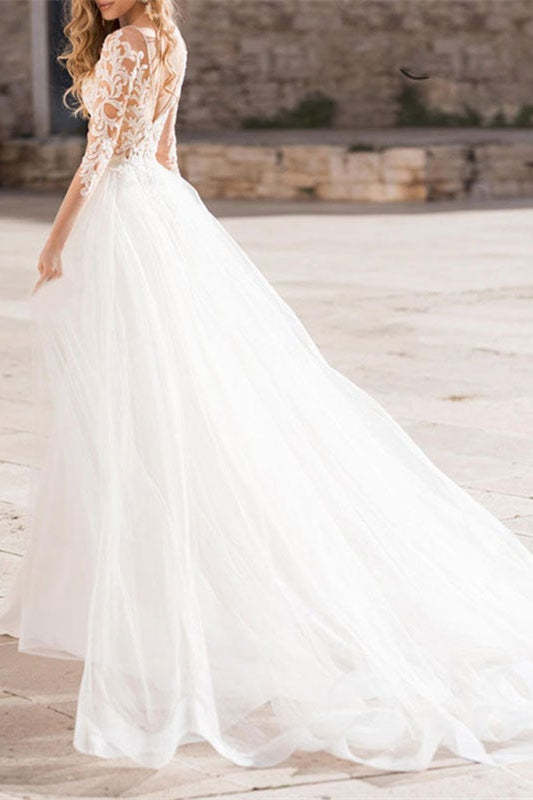 Long Sleeve Lace Mermaid Wedding Dress with Sheer Bodice Train