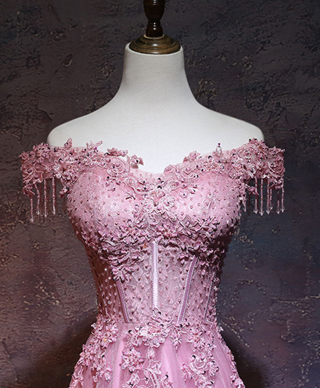 Burgundy Tulle Lace Off Shoulder Long Prom Dress Evening Gown